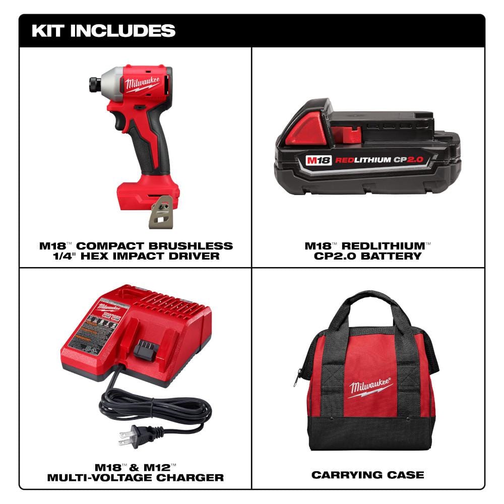 Milwaukee M18 Brushless 1/4" Impact Driver Kit | 18V, Battery, Charger & Carry Bag